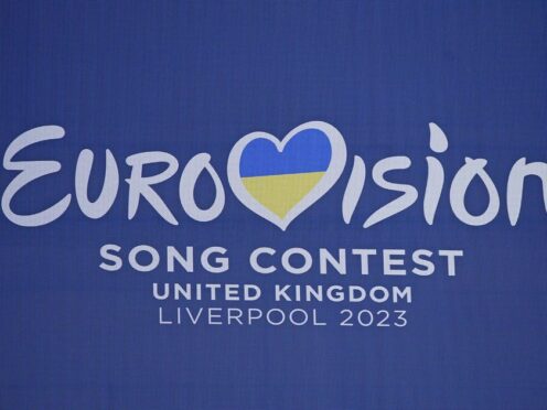 The new branding for the Eurovision Song Contest on display at St George’s Hall in Liverpool (Peter Byrne/PA)