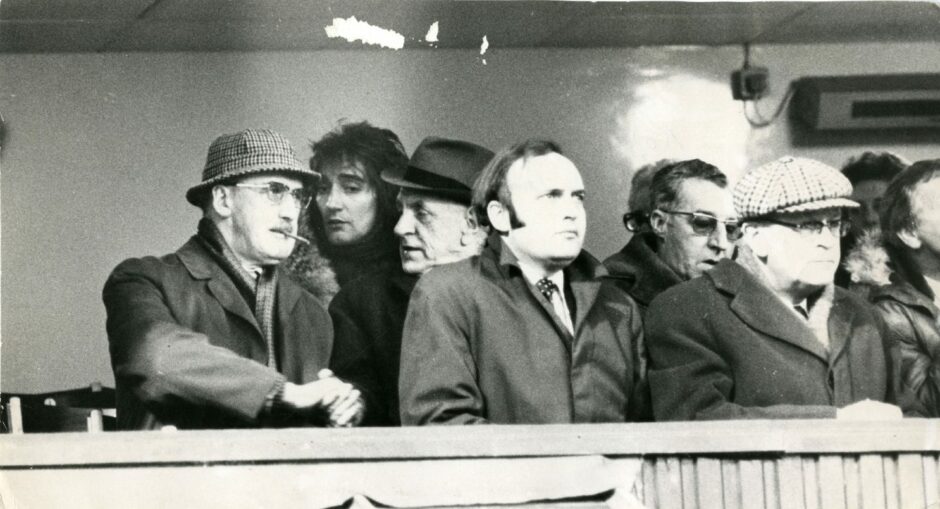 Rod Stewart watched on from the directors' box as Johnny Doyle struck the winning goal. Image: DC Thomson.