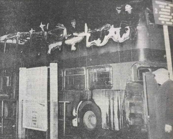 The remains of the Dundee Corporation bus which was set on fire in 1974. Image: DC Thomson.