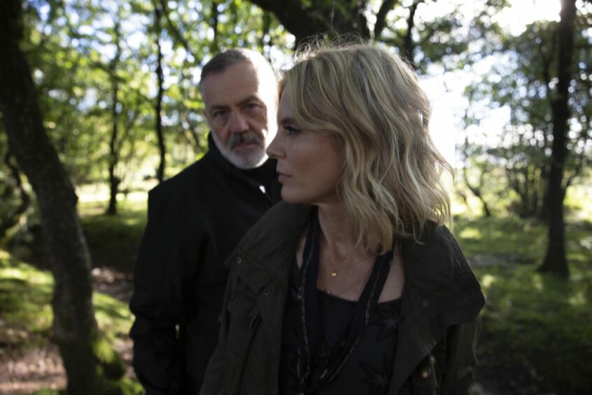 Emilia Fox and Professor David Wilson during their investigation of the Templeton Woods murders.