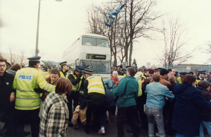 There were ugly scenes and a policewoman was injured in March 1993. Image: DC Thomson.