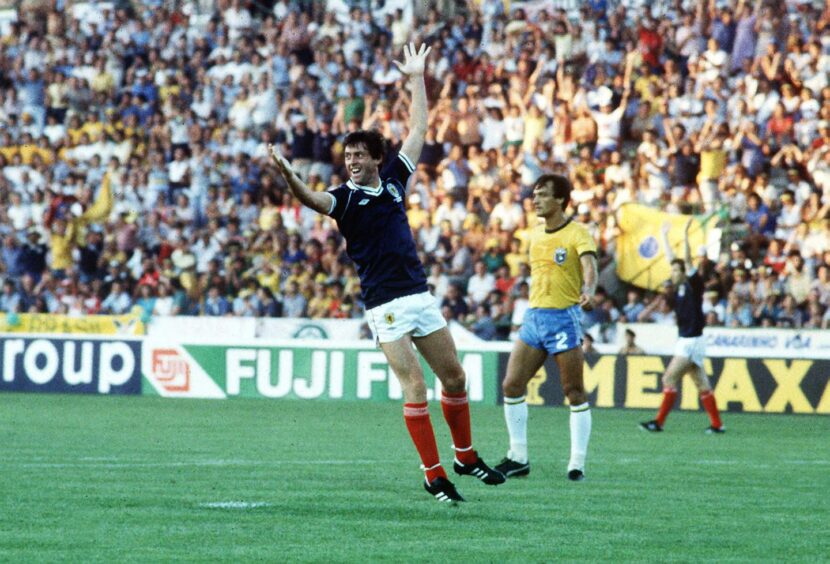 David Narey celebrates scoring his goal against Brazil at the 1982 World Cup. 