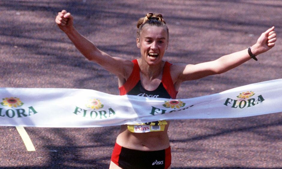 The tale of the tape: Liz wins the London Marathon in 1996. Image: Shutterstock.