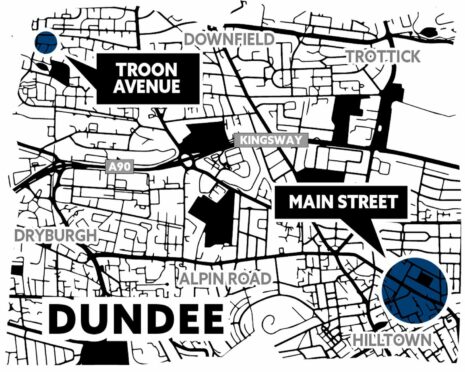 A map showing troon avenue and main street in dundee