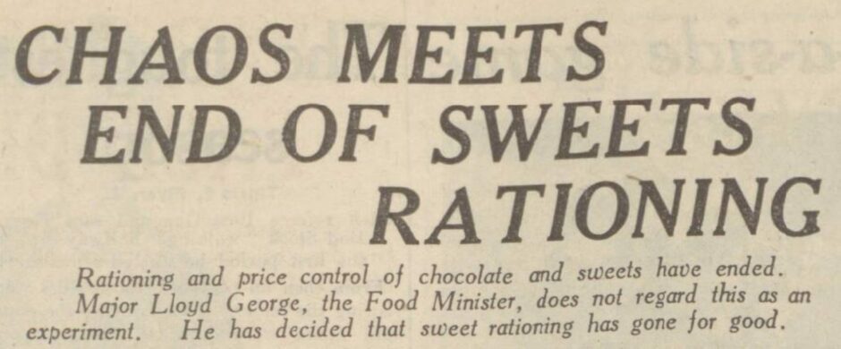 A headline in the Courier after sweet rationing ended in 1953. Image: DC Thomson.