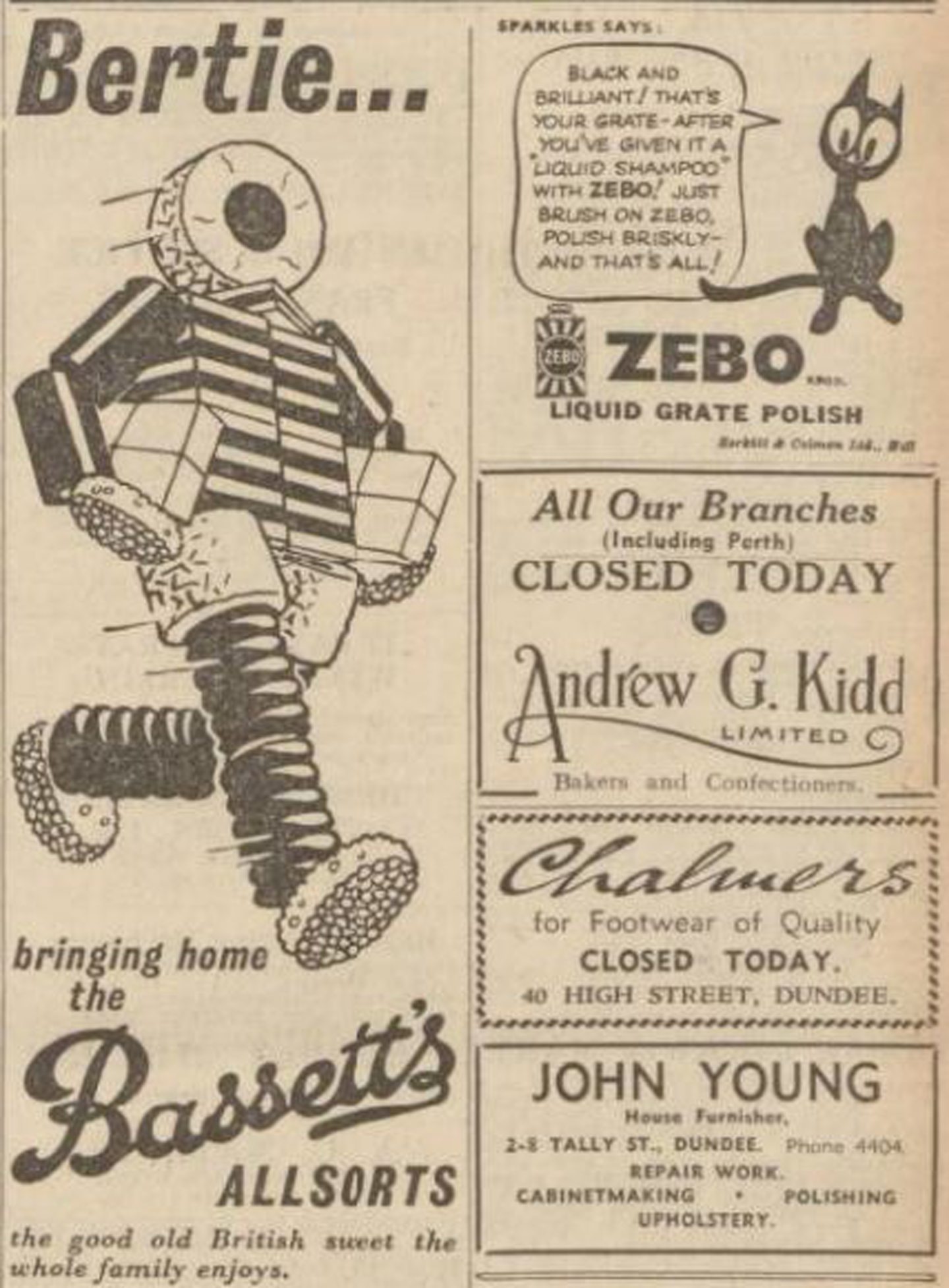 An advert for Bassetts Allsorts and other Dundee shops in 1953. Image: DC Thomson.