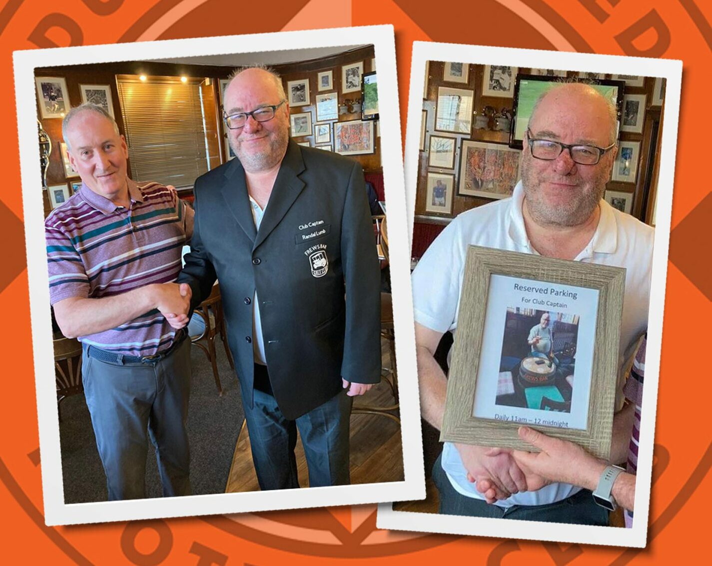 Randal Lumb with Jim Kidd of Frews and Randal with a framed photograph marking his appointment as Frews' golf captain.