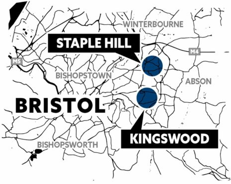 A map showing staple hill and kingswood in bristol