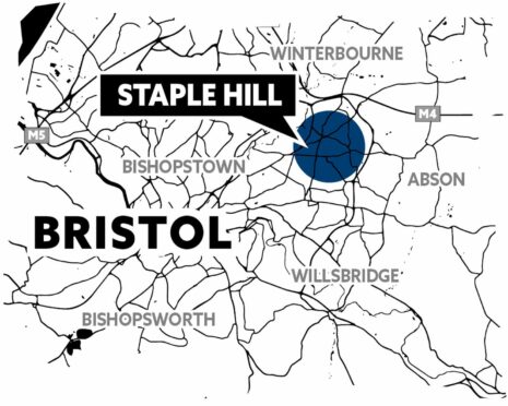 A map showing Staple Hill in Bristol