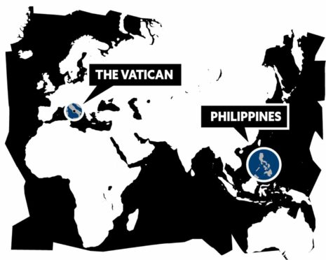 A map of the world highlighting the Vatican and Philippines