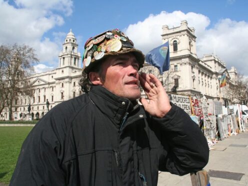 Brian Haw anti-war protester. Parliament Square, London, Westminster, UK, 10 April 2006 (Richard Keith Wolff/PA)