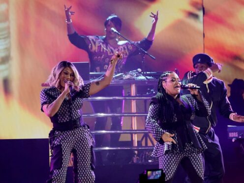 Sandra Denton, left, and Cheryl James of Salt-N-Peppa performs My Mic Sounds Nice at the 65th annual Grammy Awards on Sunday (AP Photo/Chris Pizzello)