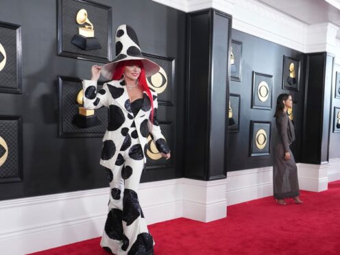 Shania Twain graced the red carpet of the 65th annual Grammy awards in a cow-print inspired suit and towering hat on Sunday night (Jordan Strauss/Invision/AP)