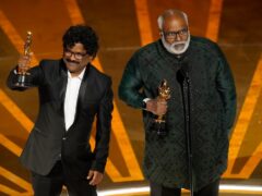 MM Keeravaani, left, and Chandrabose, winners of the award for best original song for Naatu Naatu from the film RRR (Chris Pizzello/AP)