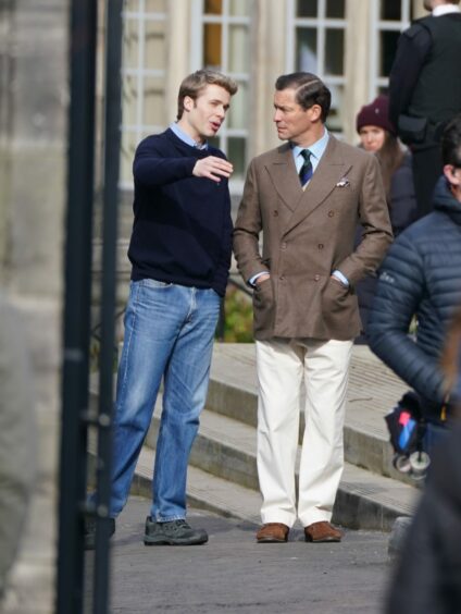 Ed McVey and Dominic West on the set of The Crown in St Andrews.