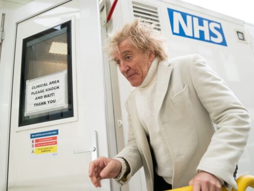Sir Rod Stewart during a visit to the Princess Alexandra Hospital in Harlow, Essex (Joe Giddens/PA)