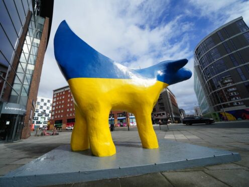 The Superlambanana sculpture outside the Avril Robarts Library of Liverpool John Moores University painted in the colours of the Ukrainian flag (Peter Byrne/PA)