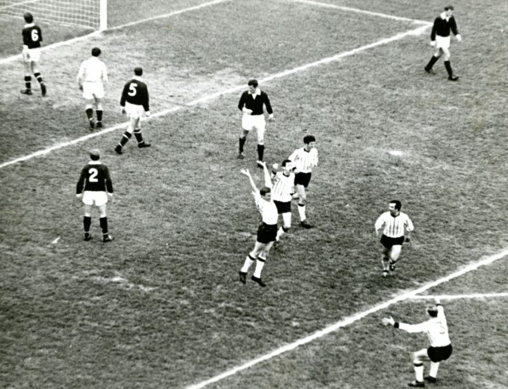 Pat Gardner jumps for joy after scoring the opening goal for Dunfermline Athletic in the 1968 Scottish Cup final. Image: DC Thomson.