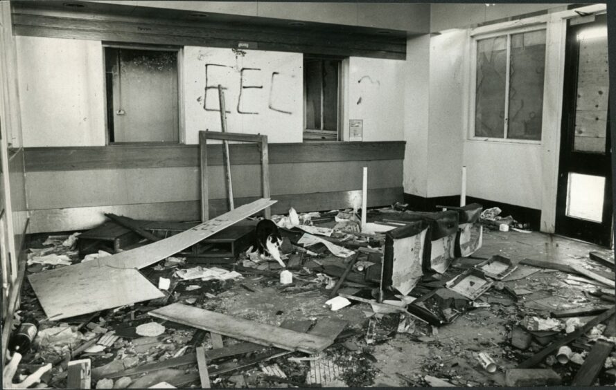 The vandals smashed up the interior of the former ticket office in November 1986. Image: DC Thomson.
