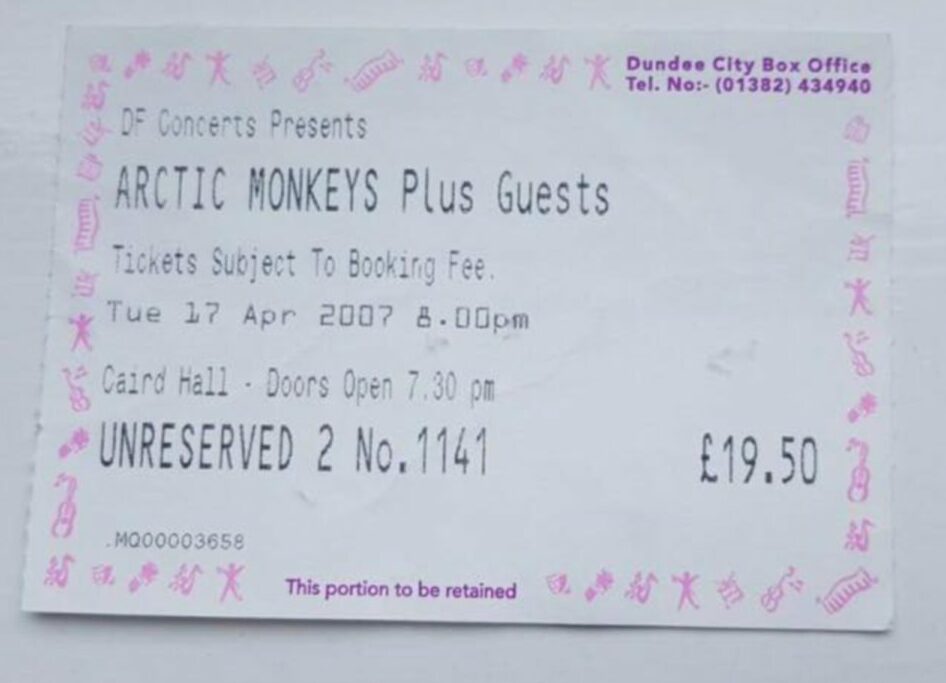 An Arctic Monkeys ticket stub for the Caird Hall gig.