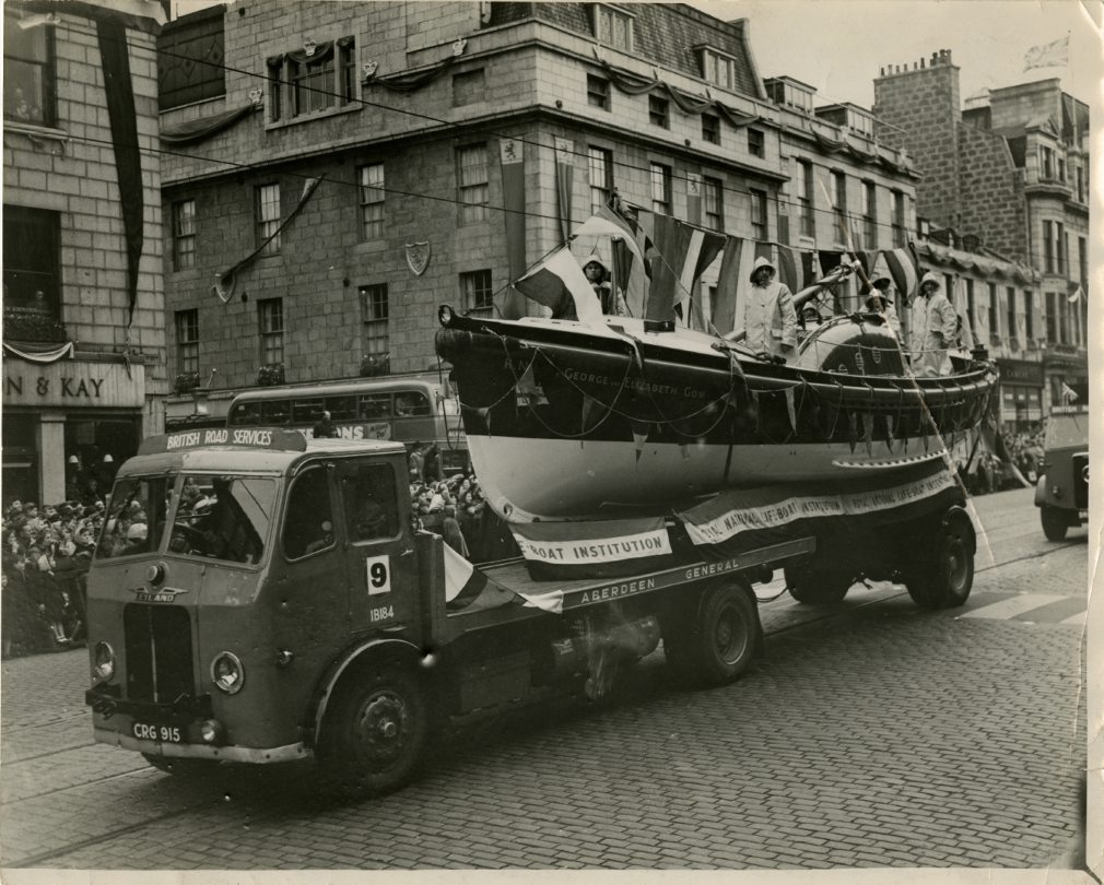 The Aberdeen lifeboat George and Elizabeth Gow with its proud crew in the coronation procession down Union Street in 1953.
