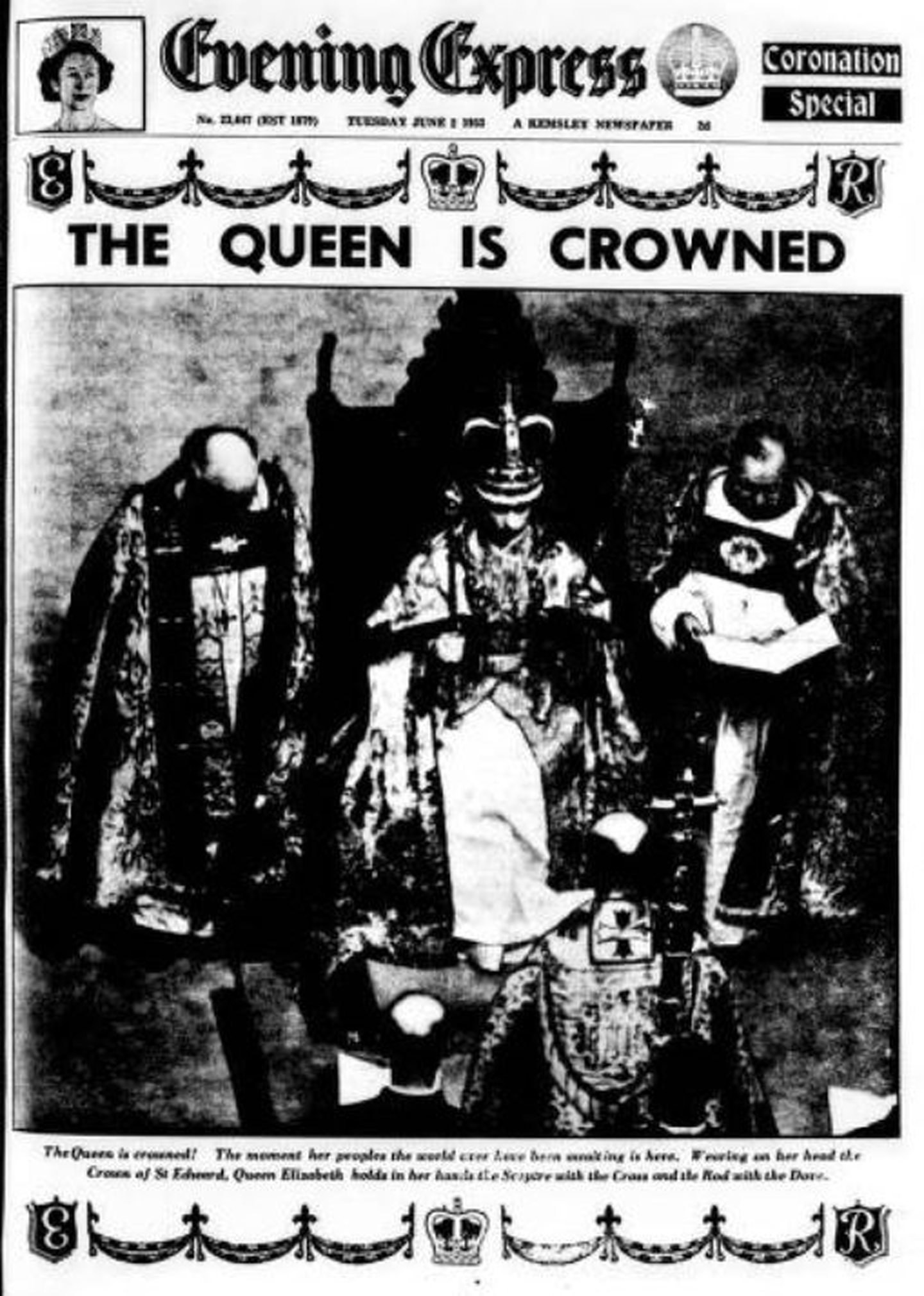 The Evening Express front page from June 2 1953 with the headline 'The Queen is Crowned' and a black-and-white photograph of Queen Elizabeth in her coronation regalia.