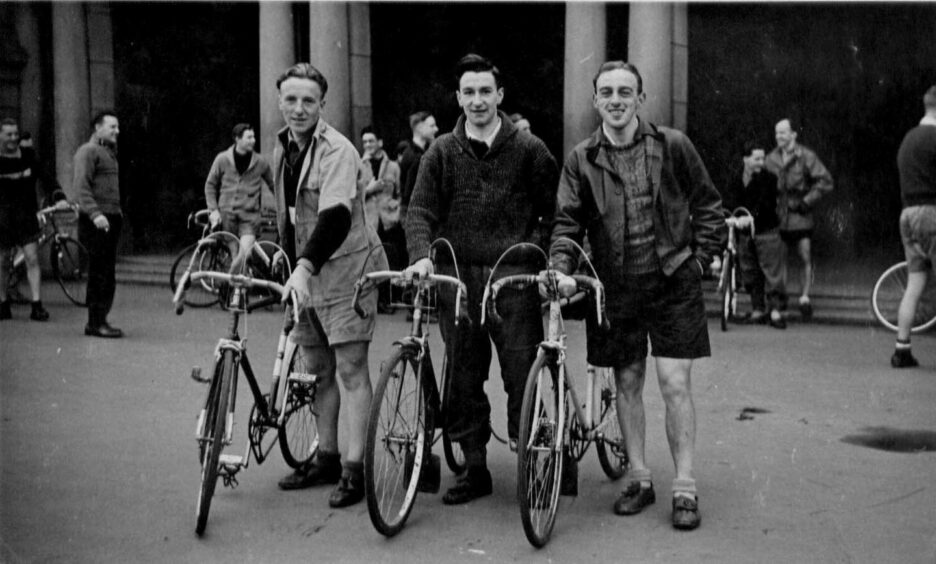 Dave Thomson, Jack Clacher and Jim Thomson are pictured with their bikes in the 1950s. Image: Supplied.