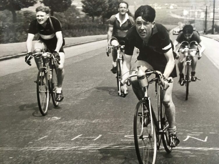 Sandy Marr leading the way in this cycle race in the 1950s, when he was aged 20. Image: Supplied.