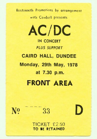 AC/DC ticket stub for their concert at the Caird Hall in Dundee in 1978. 