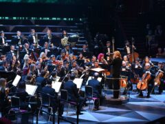 Conductor Keri-Lynn Wilson with the Ukrainian Freedom Orchestra during their performance at the BBC Proms at London’s Royal Albert Hall (Mark Allan/BBC/PA)
