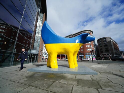 The Superlambanana sculpture outside the Avril Robarts Library of Liverpool John Moores University painted in the colours of the Ukrainian flag, ahead of the city hosting the Eurovision Song Contest on May 13 (Peter Byrne/PA)