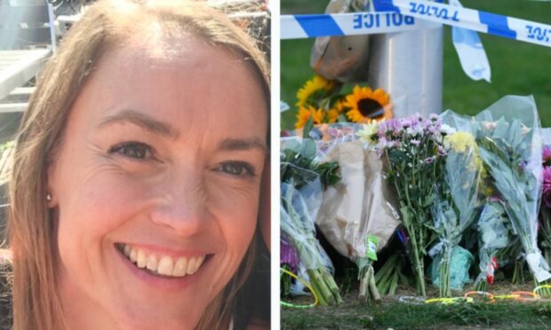Aberdeen mum Jill Barclay and flowers and police tape laid at the scene