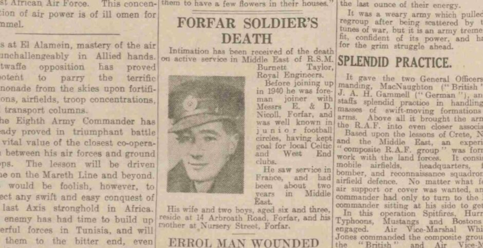 How we reported the death of RSM Burnett in 1943.