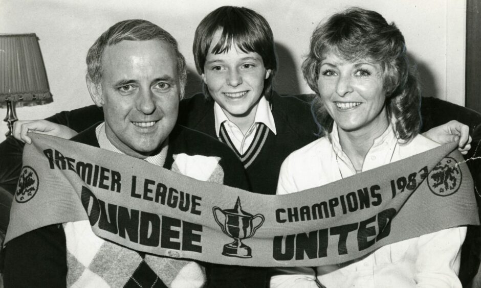 Dundee United manager Jim McLean with son Gary and wife Doris after the 1983 triumph. Image: DC Thomson.