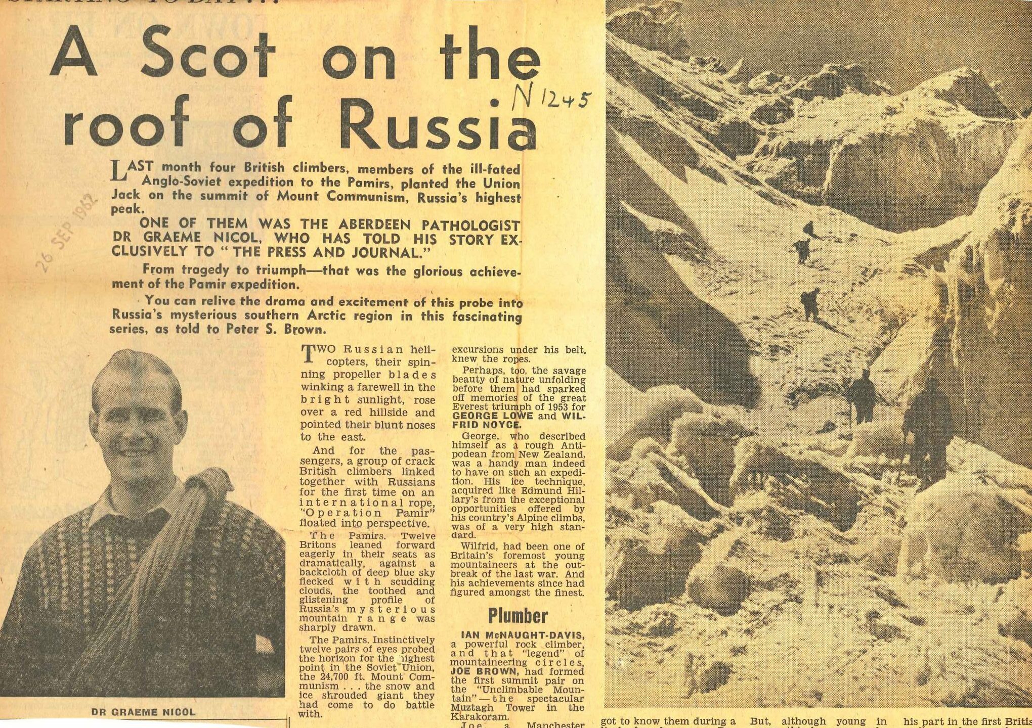 A cutting from the Press and Journal in 1962 showing an exclusive interview with mountaineer Graeme Nicol.