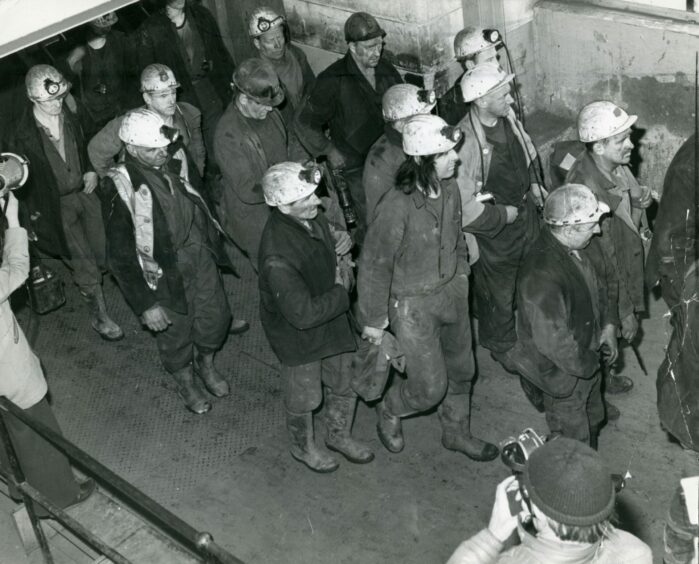 Seafield Colliery rescue squads returning to the surface on May 11 1973 following the tragedy. Image: DC Thomson.