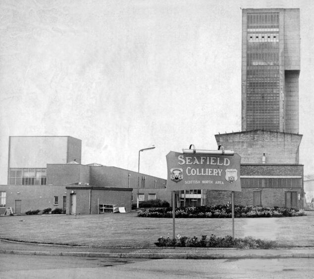 A black and white picture of the exterior of Seafield Colliery