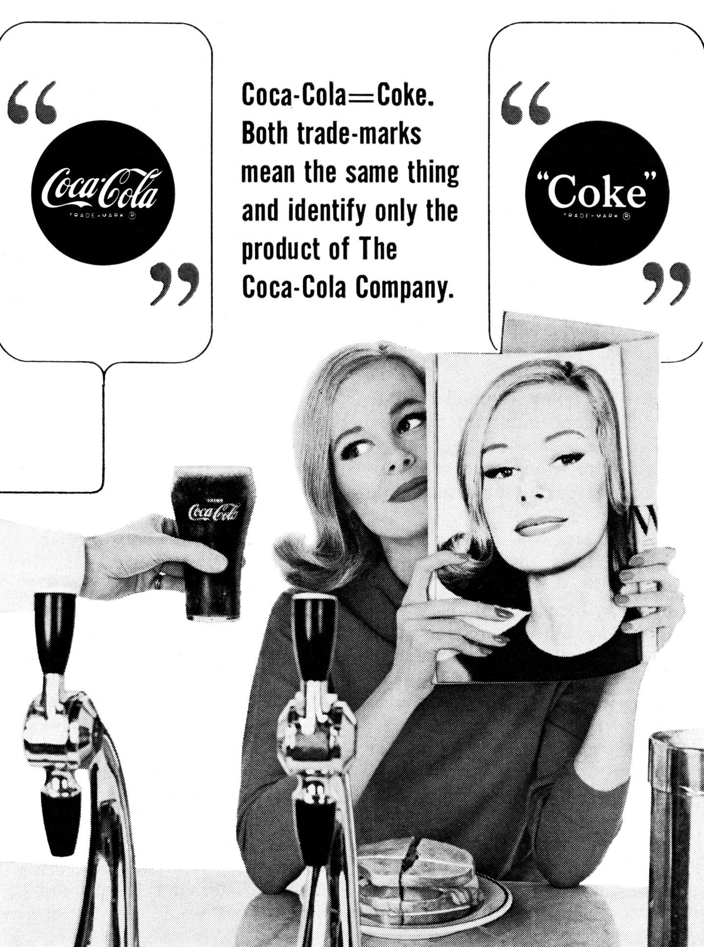 An old Coke ad featuring a young woman and detailing how Coca-Cola and Coke are both trademarks.
