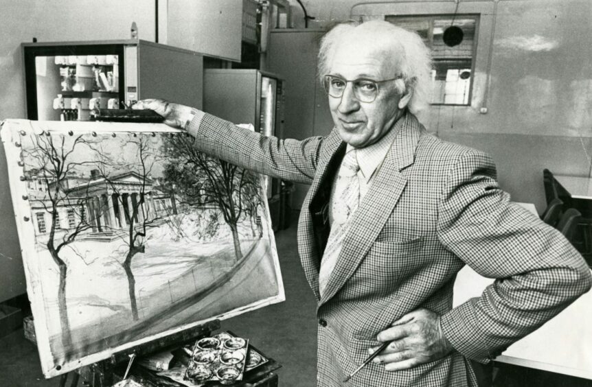 James McIntosh Patrick with a painting of Dundee High School in 1980.
