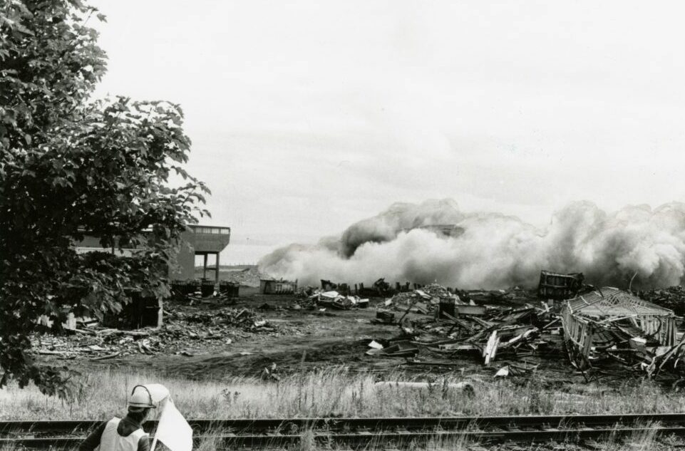 A cloud of dust is visible and the first winding tower is brought down on September 10 1989. Image: DC Thomson.