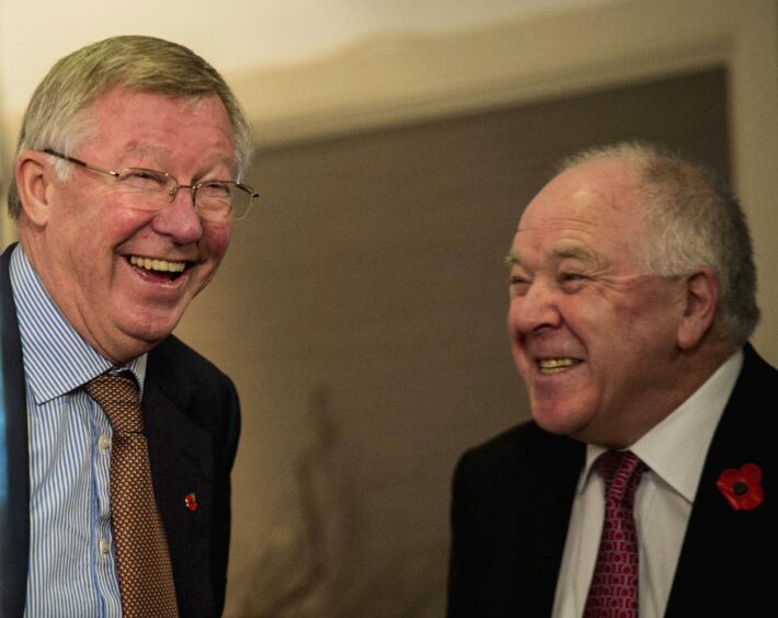 Alex Ferguson and Craig Brown share a joke in Aberdeen in 2013.