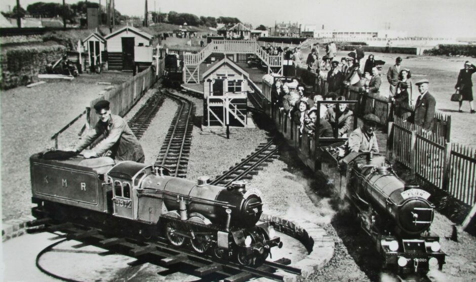 West Links Flier train departs Kerr's miniature railway in Arbroath in 1955.