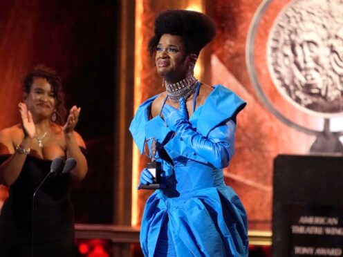 J Harrison Ghee accepts the award for best performance by an actor in a leading role in a musical for “Some Like It Hot” at the 76th annual Tony Awards (Charles Sykes/Invision/AP)
