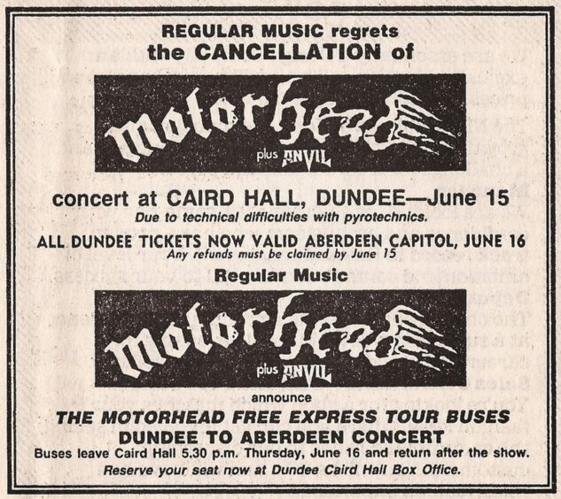 The Evening Telegraph advertised the cancellation of the concert in 1983. Image: Retro Dundee.