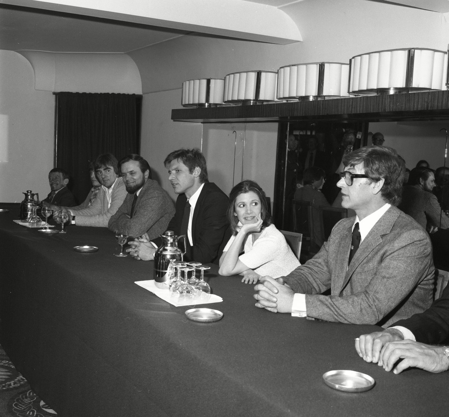 Harrison Ford, Carrie Fisher, David Prowse and Peter Mayhew during a Star Wars press call. Image: Shutterstock.