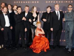 From left: Emma Thomas, Jefferson Hall, Trond Fausa Aurvag, Ludwig Goransson, Kenneth Branagh, Rami Malek, Matt Damon, Emily Blunt, Florence Pugh, Cillian Murphy, Christopher Nolan and Robert Downey Jr at the UK premiere of Oppenheimer in London (PA)