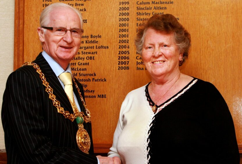 Picture shows Bette Gurvan in 2009 receiving her citizen of the year award from Lord Provost John Letford.