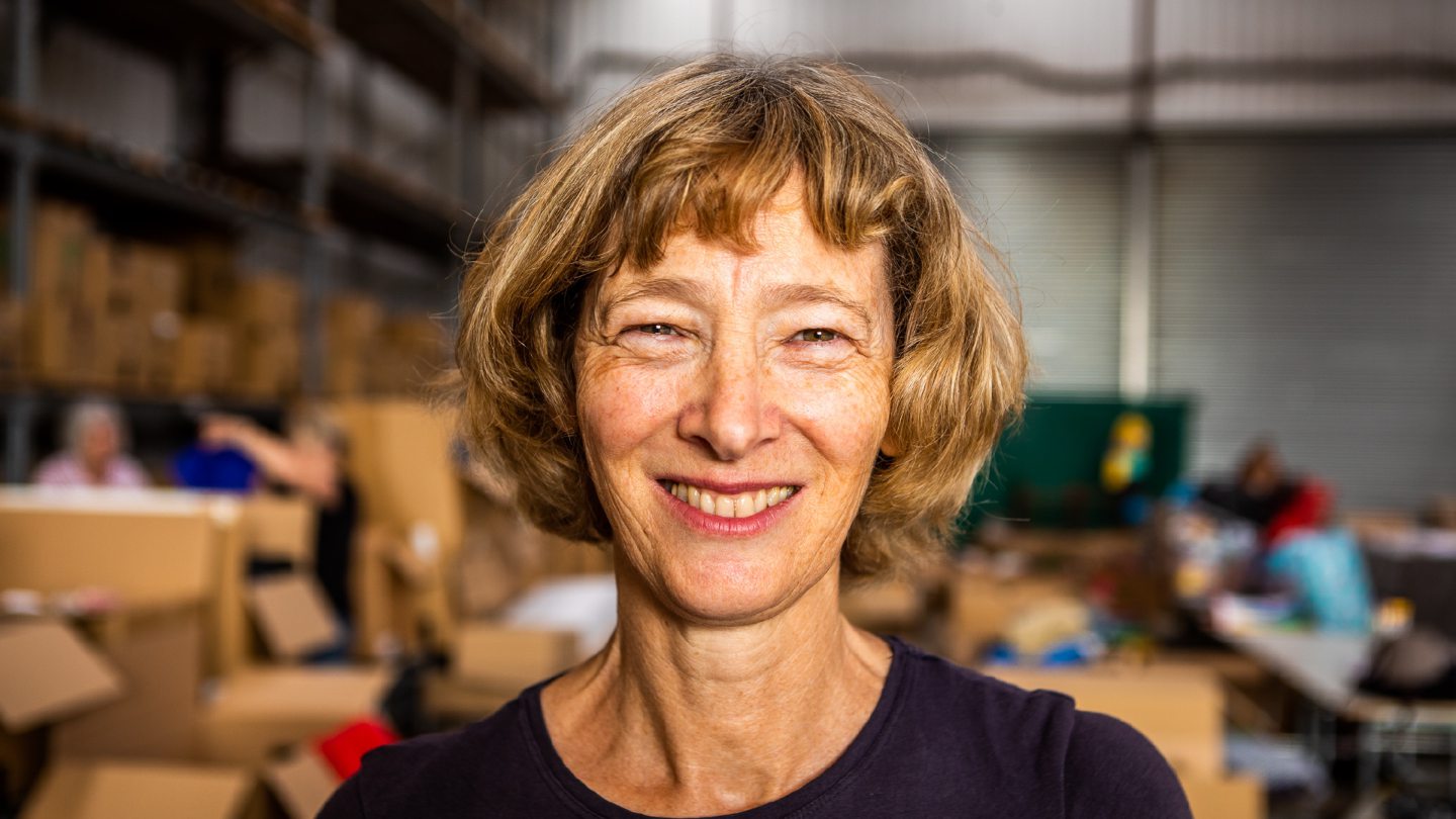 A portrait of Lindsey Grieve at the TASH charity warehouse at Errol.