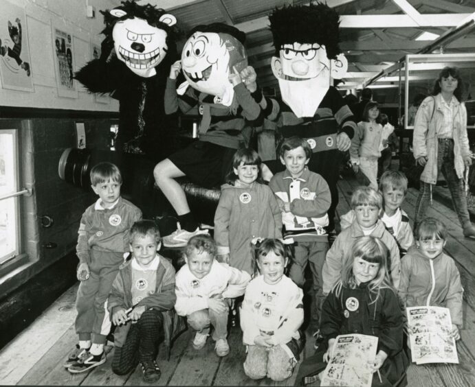 Some of The Beano's favourite comic characters join kids on the Unicorn in 1988. Image: DC Thomson.