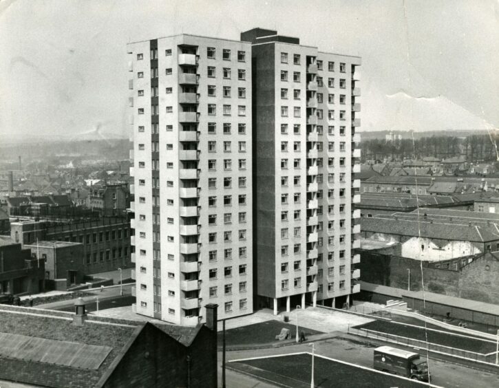 Whorterbank multi-storey flats towering above the surrounding housing. Image: DC Thomson.